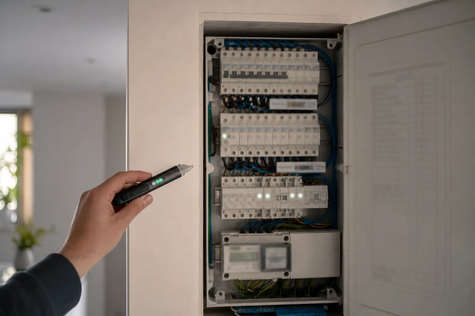 Tableau électrique observé avec un petit appareil de contrôle