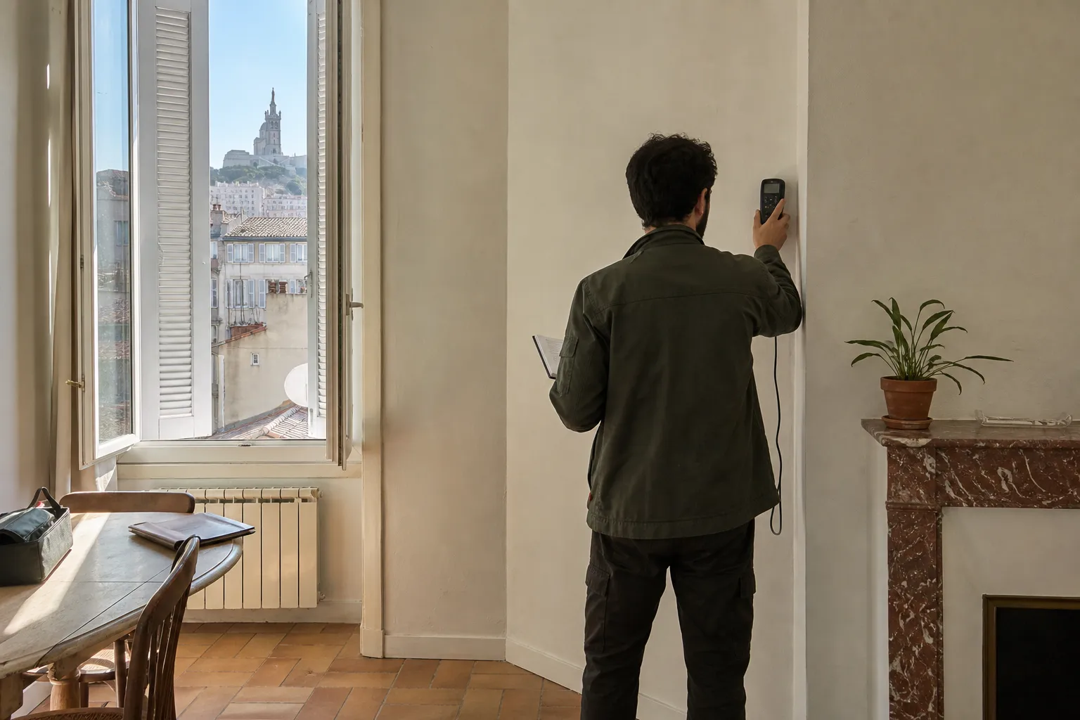 Professionnel non identifiable effectuant un relevé dans un appartement marseillais lumineux